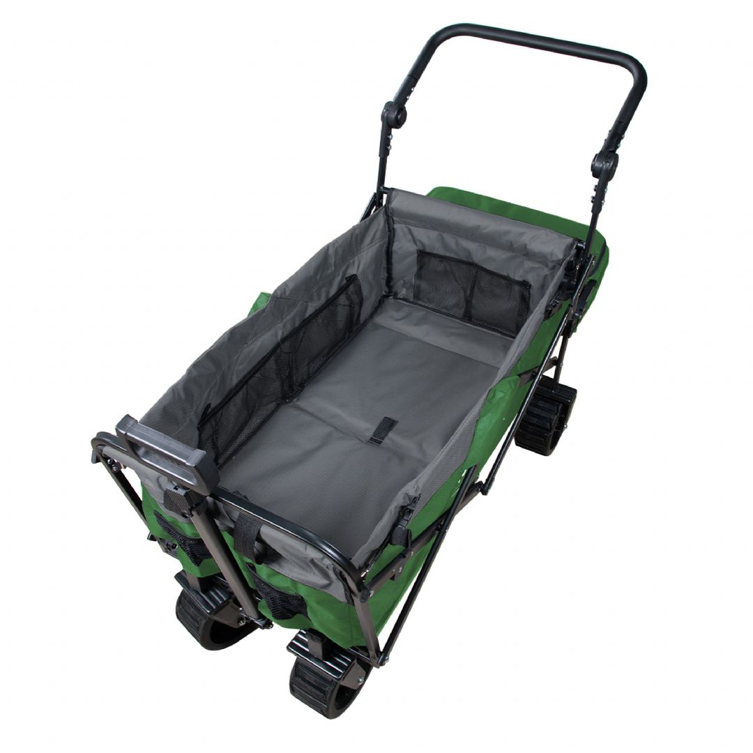 Interior do carrinho de puxar Wonderfold Wagon verde e cinza, mostrando os bolsos de malha e o espaço de carga.