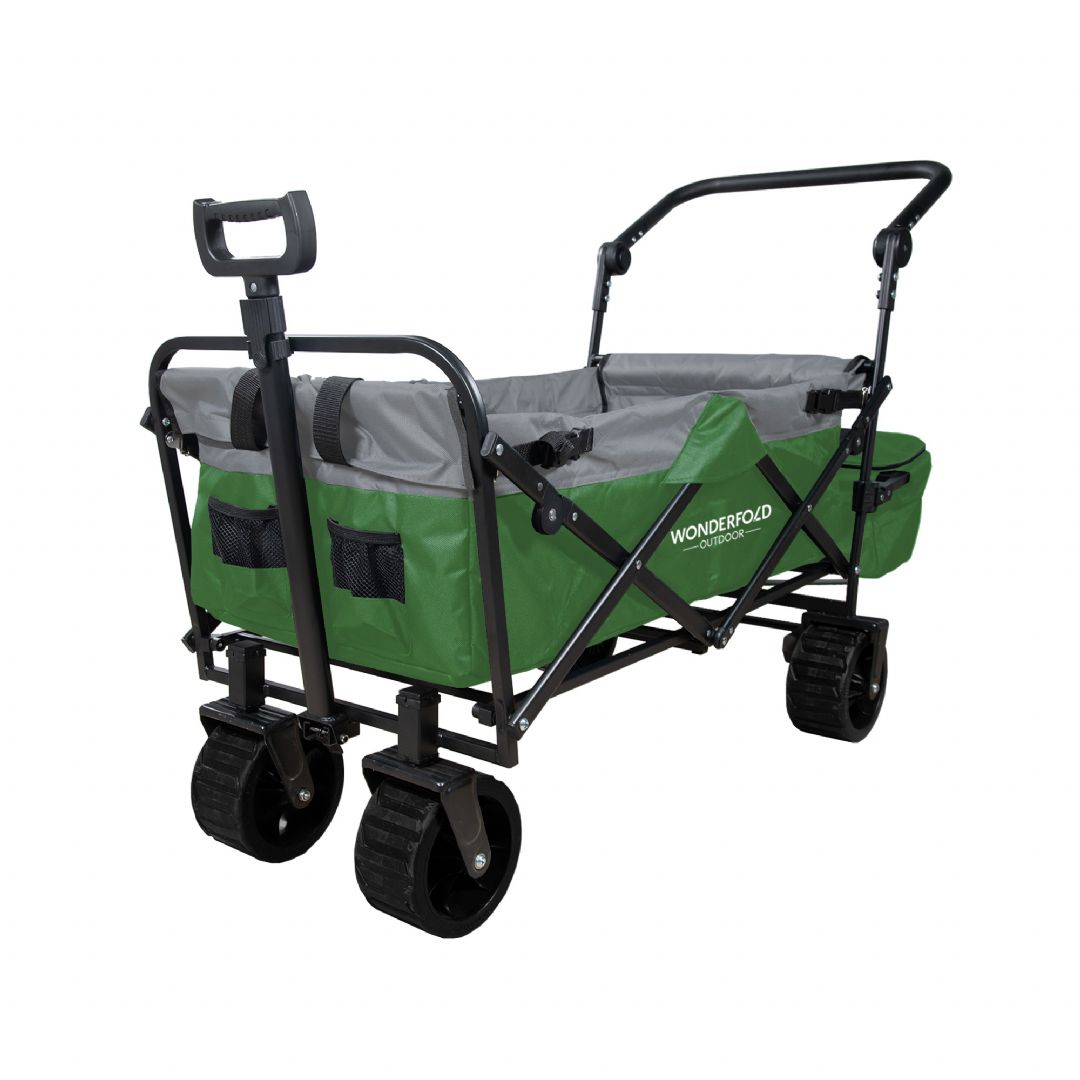 Carrinho de puxar Wonderfold Wagon verde e cinza com bolsa térmica destacável e rodas todo-terreno, vista lateral.