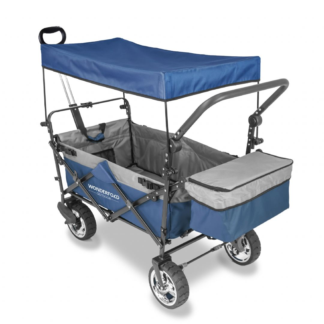 Wonderfold Wagon Série S, carrinho de passeio azul e cinzento com cobertura e cesto, vista em ângulo.