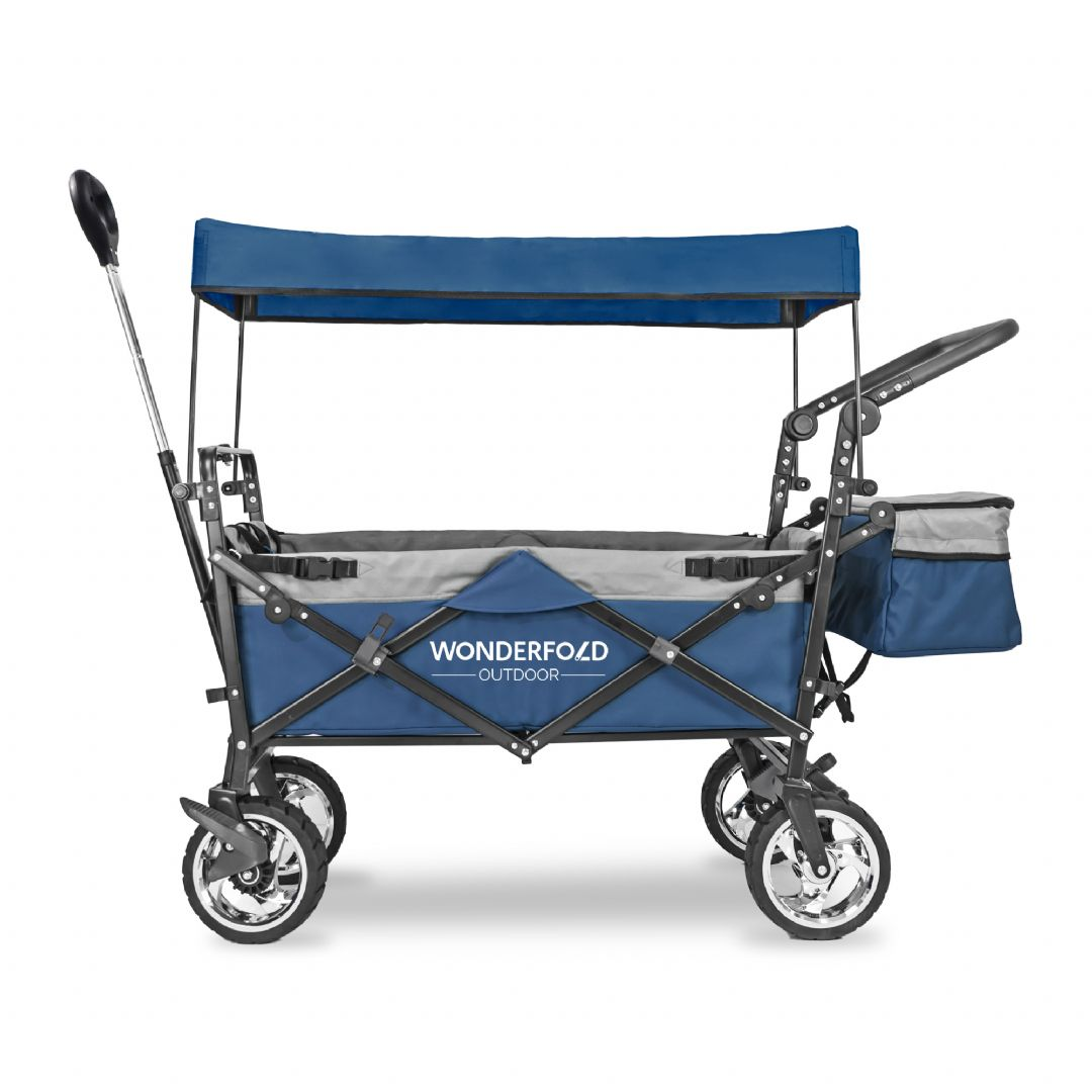 Wonderfold Wagon Série S, carrinho de passeio dobrável azul e cinzento com cobertura, freios e cesto traseiro, vista frontal.