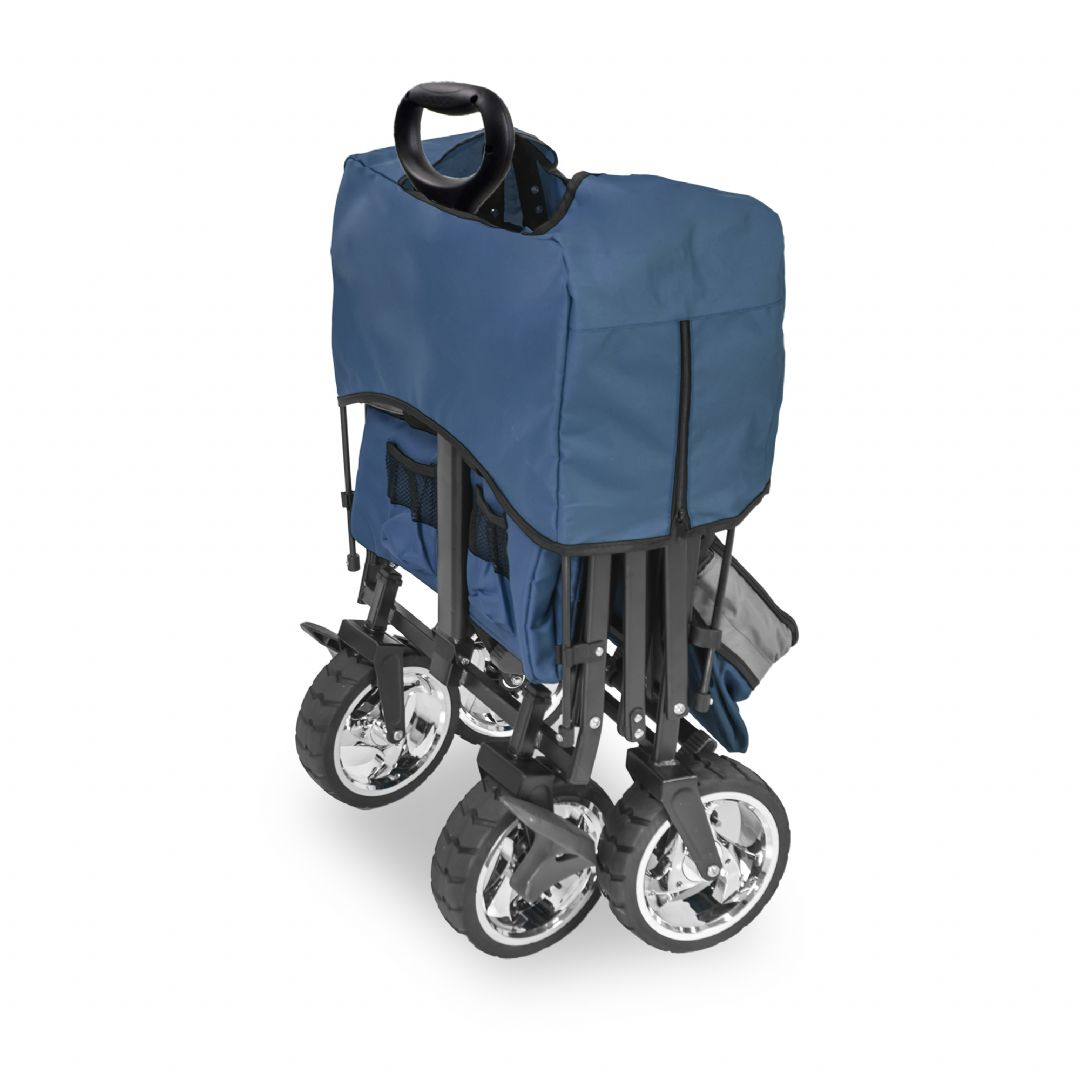 Wonderfold Wagon Série S, carrinho de passeio dobrado, vista em ângulo, mostrando a sua compacidade.