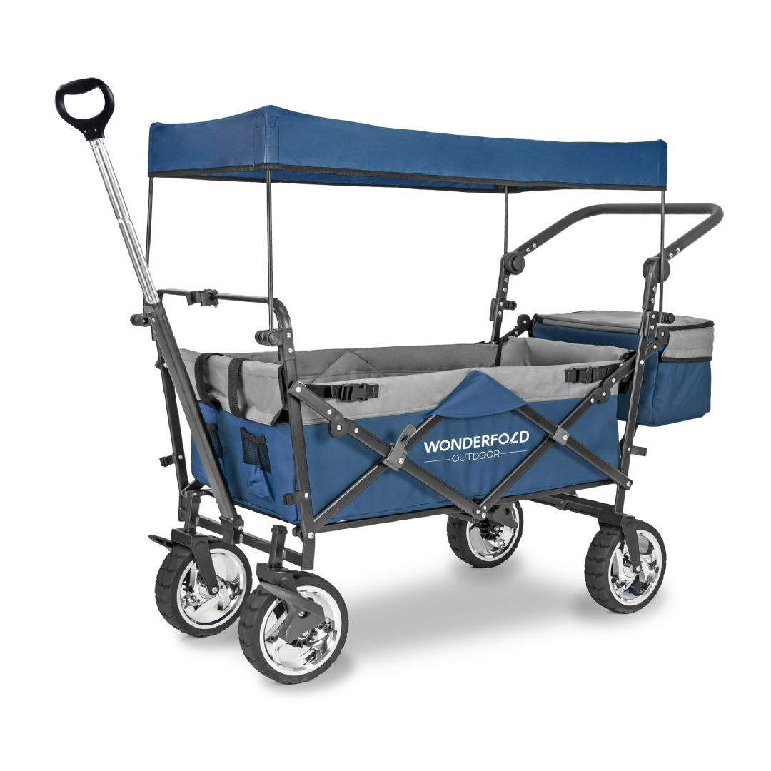 Wonderfold Wagon Série S, carrinho de passeio dobrável azul e cinzento com cobertura, freios e cesto traseiro, vista frontal.