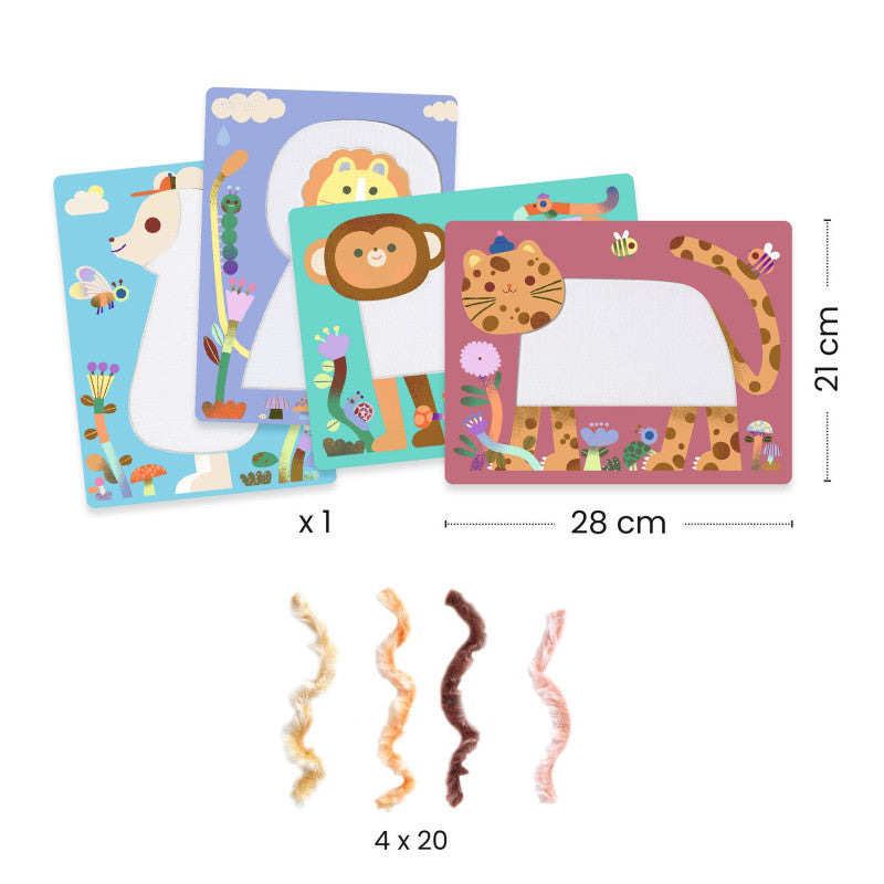 Imagem comparativa de um tabuleiro de animal (ouriço) antes e depois de aplicar a lã fofa, demonstrando o efeito do Velcro.