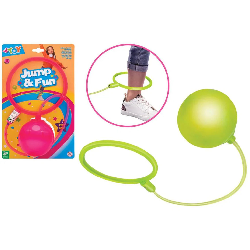 Imagem mostrando a bola de tornozelo Jump & Fun da WToy, em rosa e verde, com um aro que se coloca no tornozelo e uma bola saltitante. Ideal para crianças brincarem e se divertirem, promovendo a atividade física e a coordenação motora.