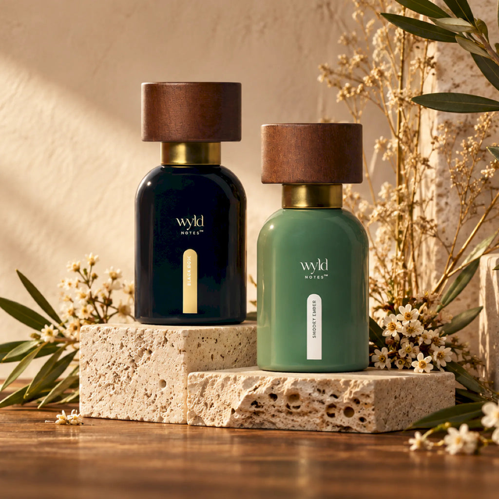 Os dois perfumes do His Signature Duo pousados em pedra clara, rodeados de ramos secos, em luz natural quente