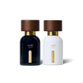 Frascos de perfume natural Wyld Notes Black Book e White Lie de 30 ml com tampa de madeira, sobre fundo branco