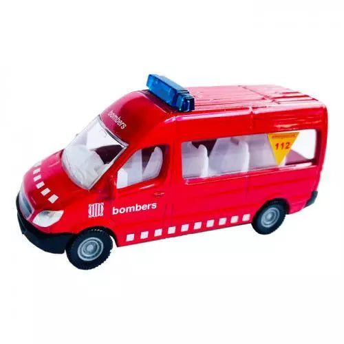 Vista lateral aproximada da miniatura SIKU Ambulância Catalunha vermelha, destacando a inscrição "bombers", o número de emergência "112" e as luzes azuis no tejadilho.