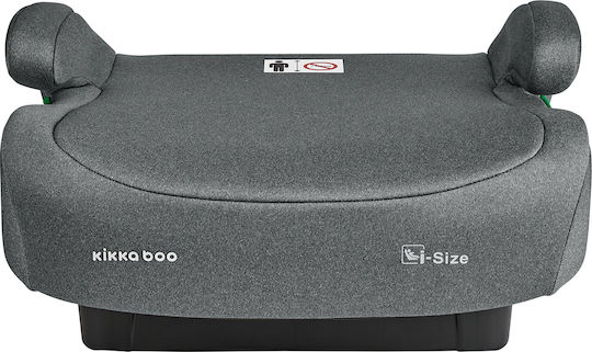 Vista frontal da cadeira auto elevatória KikkaBoo i-Size, destacando o nome da marca e a certificação i-Size na parte frontal.