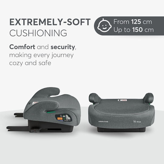 Comparação visual de dois ângulos da cadeira auto KikkaBoo i-Size, enfatizando o acolchoamento suave e a faixa de altura recomendada (125 cm a 150 cm).