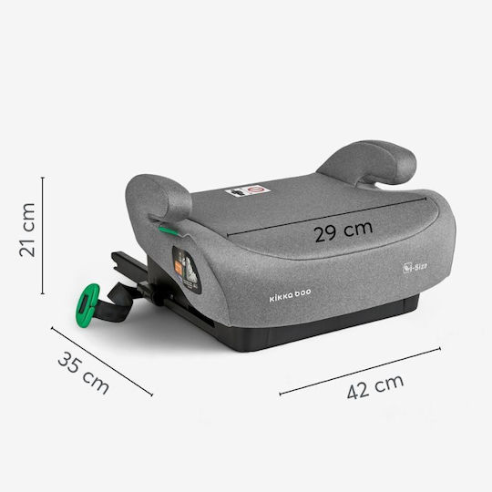 Medidas dimensionais da cadeira auto KikkaBoo i-Size: altura (21 cm), largura do assento (29 cm), profundidade (42 cm) e largura total (35 cm).