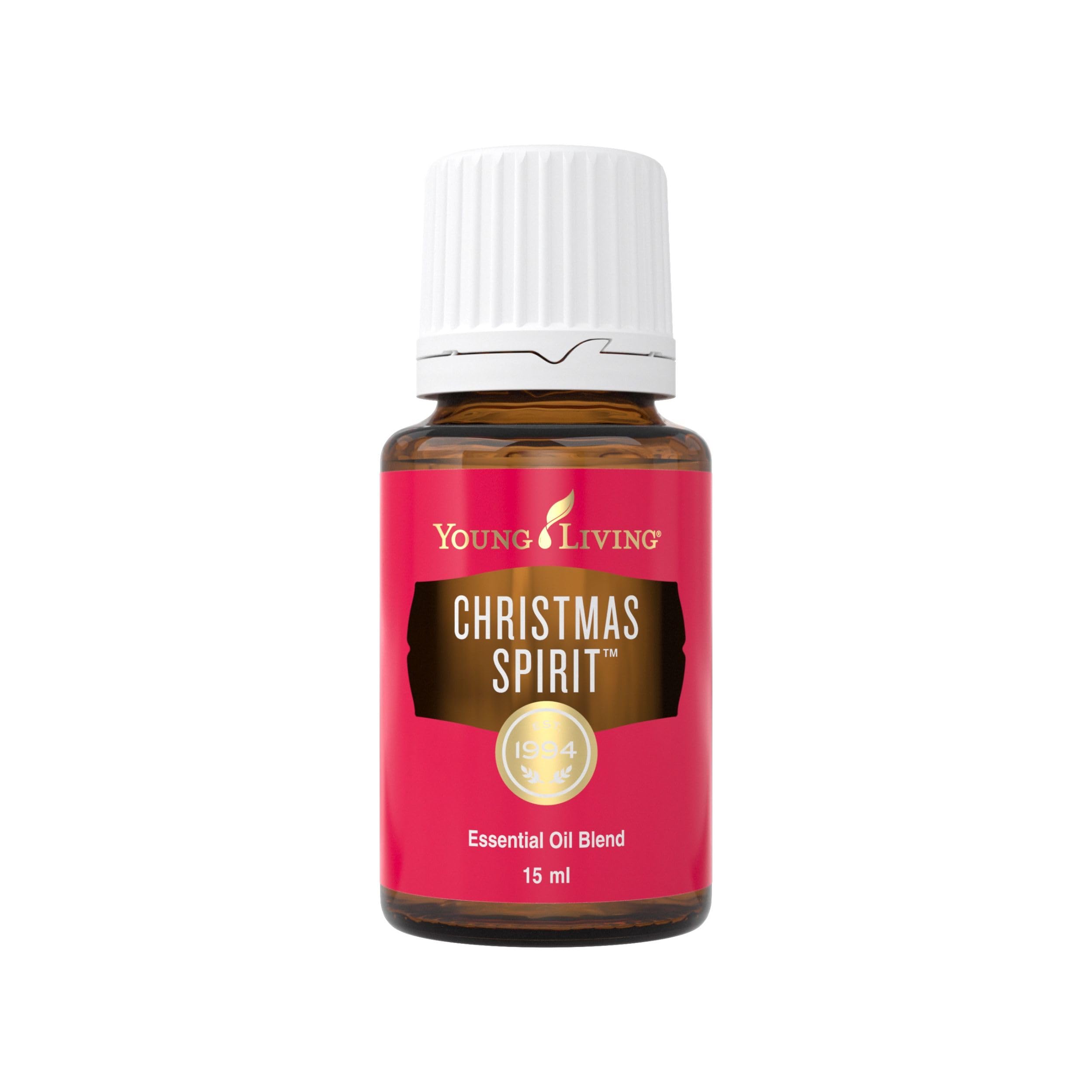 Frasco de óleo essencial Young Living Christmas Spirit, 15 ml, com rótulo vermelho festivo e tampa branca, isolado em fundo branco.
