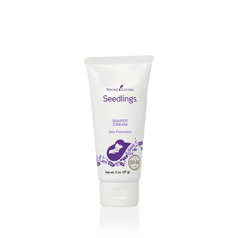 Tubo branco de Young Living Seedlings Diaper Cream 57g. Creme para muda da fralda com logo Seed to Seal e design de bebé.