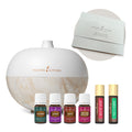 Kit completo Young Living Aromaglobe com difusor branco/mármore, 4 óleos essenciais de 5ml e 2 roll-ons, mais caixa do kit.