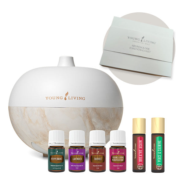 Kit completo Young Living Aromaglobe com difusor branco/mármore, 4 óleos essenciais de 5ml e 2 roll-ons, mais caixa do kit.