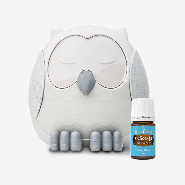 Detalhe da base do difusor Feather the Owl, mostrando os controlos sensíveis ao toque "Easy-Touch" para luz e som.