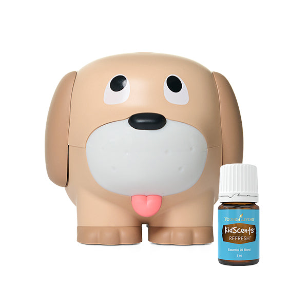 Difusor ultrassónico Young Living Sprout the Puppy em forma de cachorrinho branco, com luz suave, ideal para crianças.