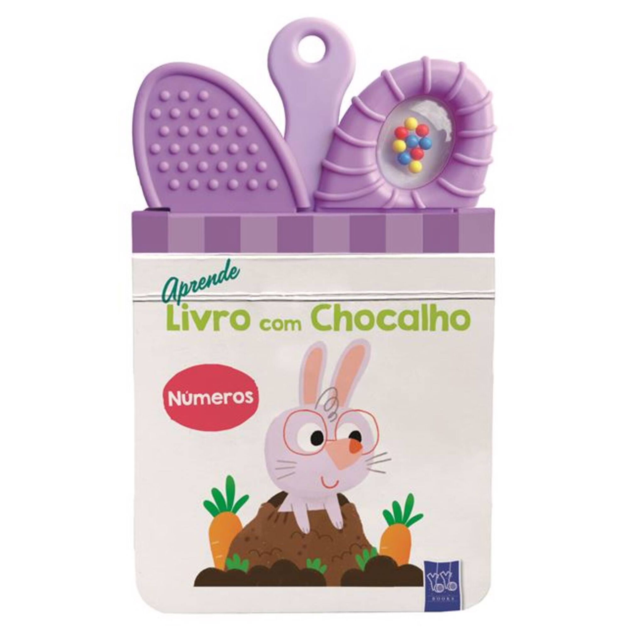 Capa do livro YOYO Books "Aprende com Chocalho" versão "Números", com coelho e acessórios de dentição e chocalho em tons de roxo.