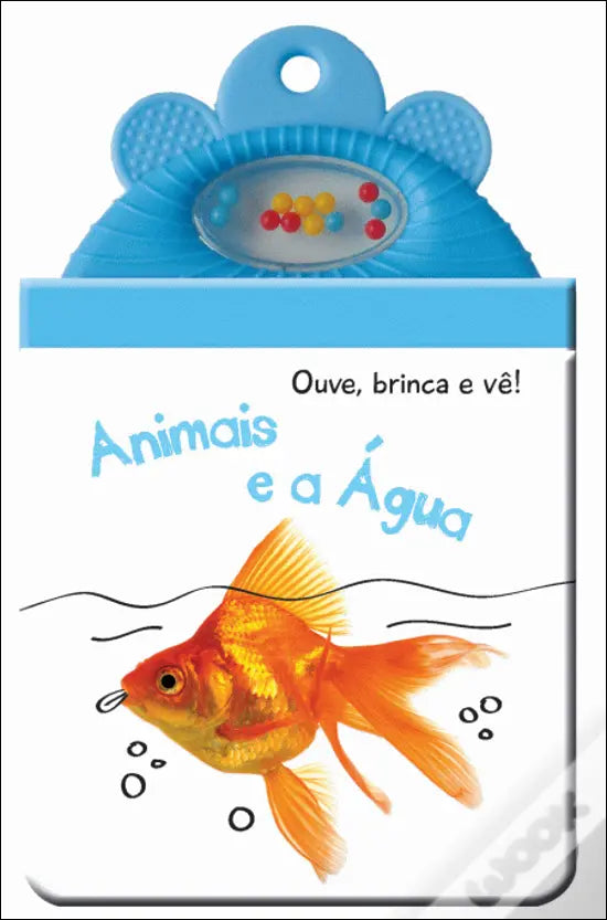 Livro sensorial YOYO Books "Animais e a Água" com peixe dourado, topo azul com chocalho, ideal para estimular bebés.