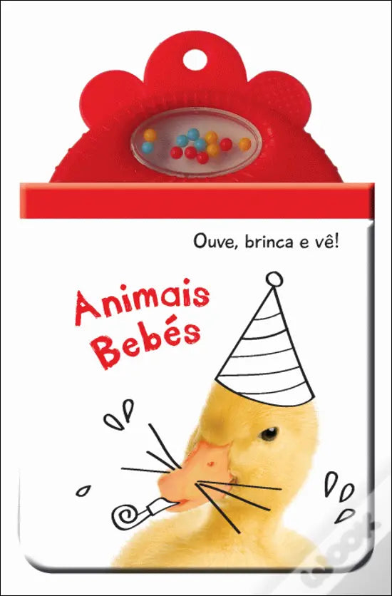 Livro YOYO Books "Animais Bebés" com um patinho de festa, topo vermelho com chocalho, promovendo o desenvolvimento sensorial.