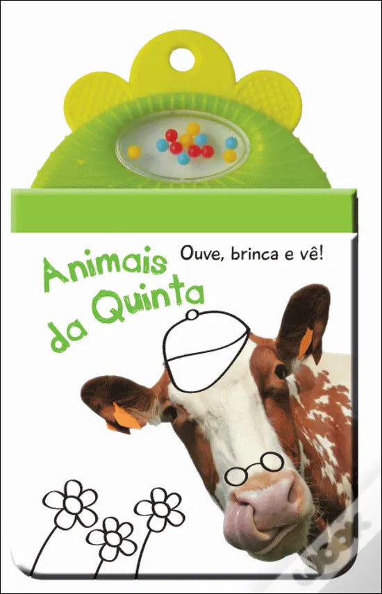Capa do livro YOYO Books "Animais da Quinta", com vaca de boné e óculos, topo verde com chocalho para estimulação tátil e auditiva.