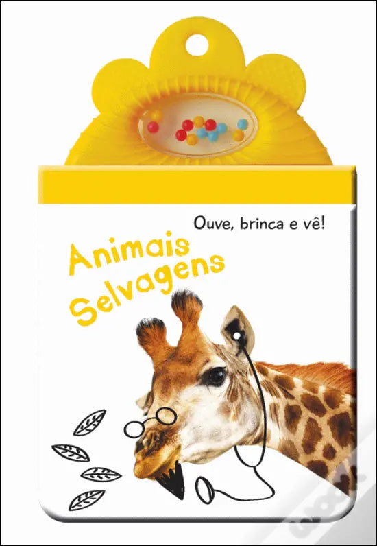 Capa do livro YOYO Books "Animais Selvagens", com girafa de óculos e estetoscópio, topo amarelo com chocalho de bolinhas coloridas.