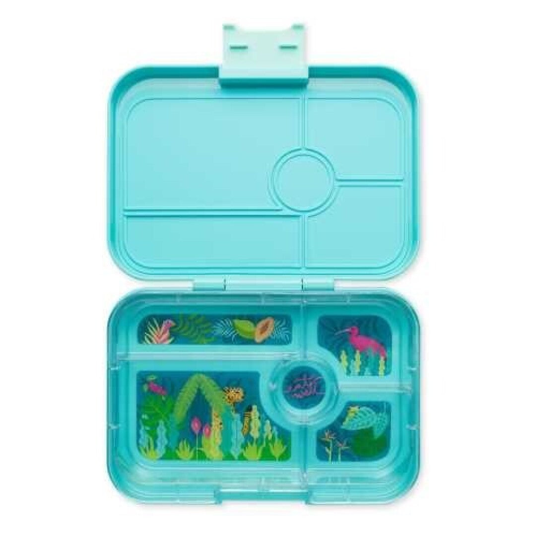 Lancheira Yumbox com 5 compartimentos em tons de azul e pastel aberta mostrando a organização interna.