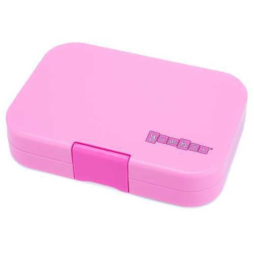 Vista interior da Yumbox Lancheira com 6 divisórias preenchidas com lanches coloridos, mostrando a organização dos alimentos.