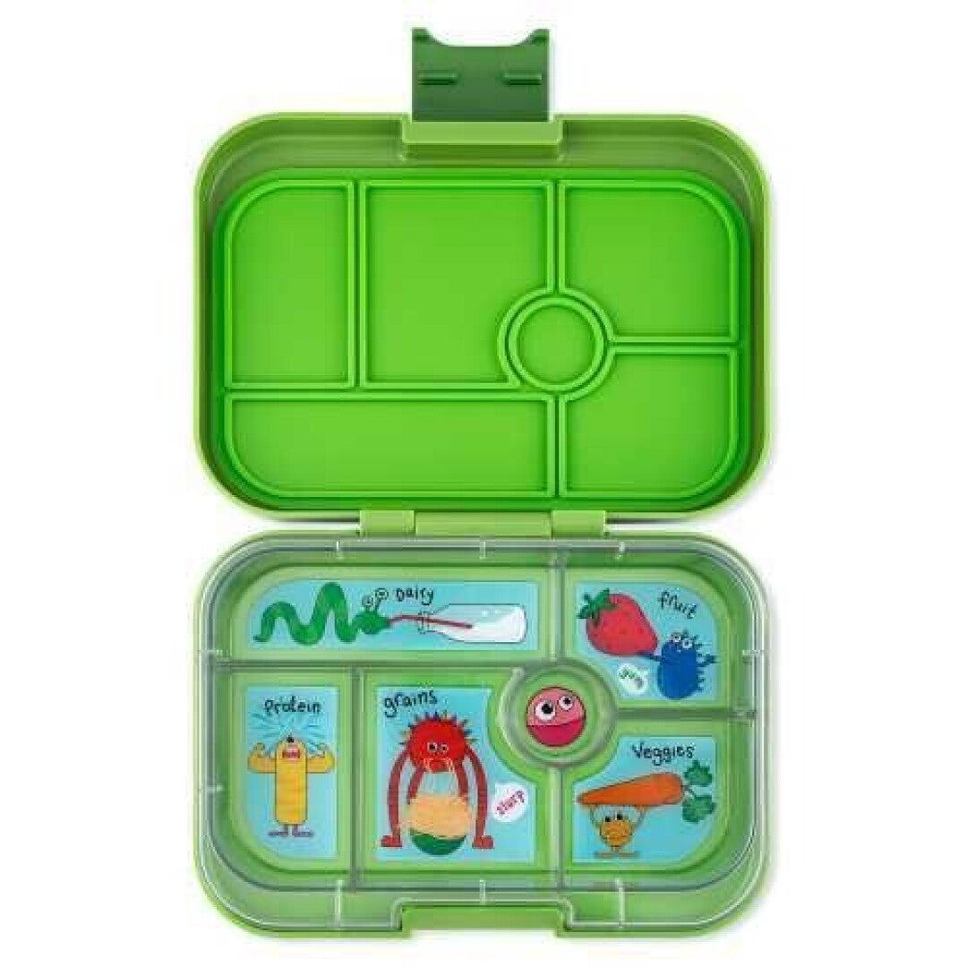 A Yumbox Lancheira aberta, exibindo a bandeja interna removível com as 6 secções de tamanhos variados.