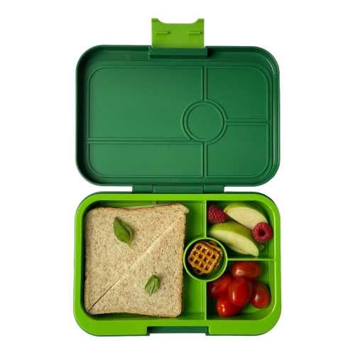 Lancheira Yumbox Tapas com 4 compartimentos cor Lime Green aberta com alimentos frescos
