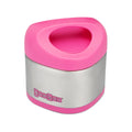 Termo de sólidos Yumbox Cubi em aço inoxidável com detalhes em rosa choque, visto de um ângulo superior, mostrando a tampa ergonómica com pega.