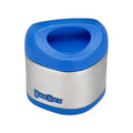 Termo de sólidos Yumbox Cubi em aço inoxidável com tampa e base em azul vibrante, isolado em fundo branco.