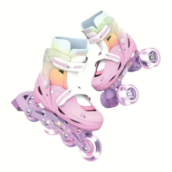 Patins infantis Yvolution Neon Rainbow ajustáveis, mostrando a configuração inline e quad com rodas LED luminosas e cores em tons de rosa e lilás.