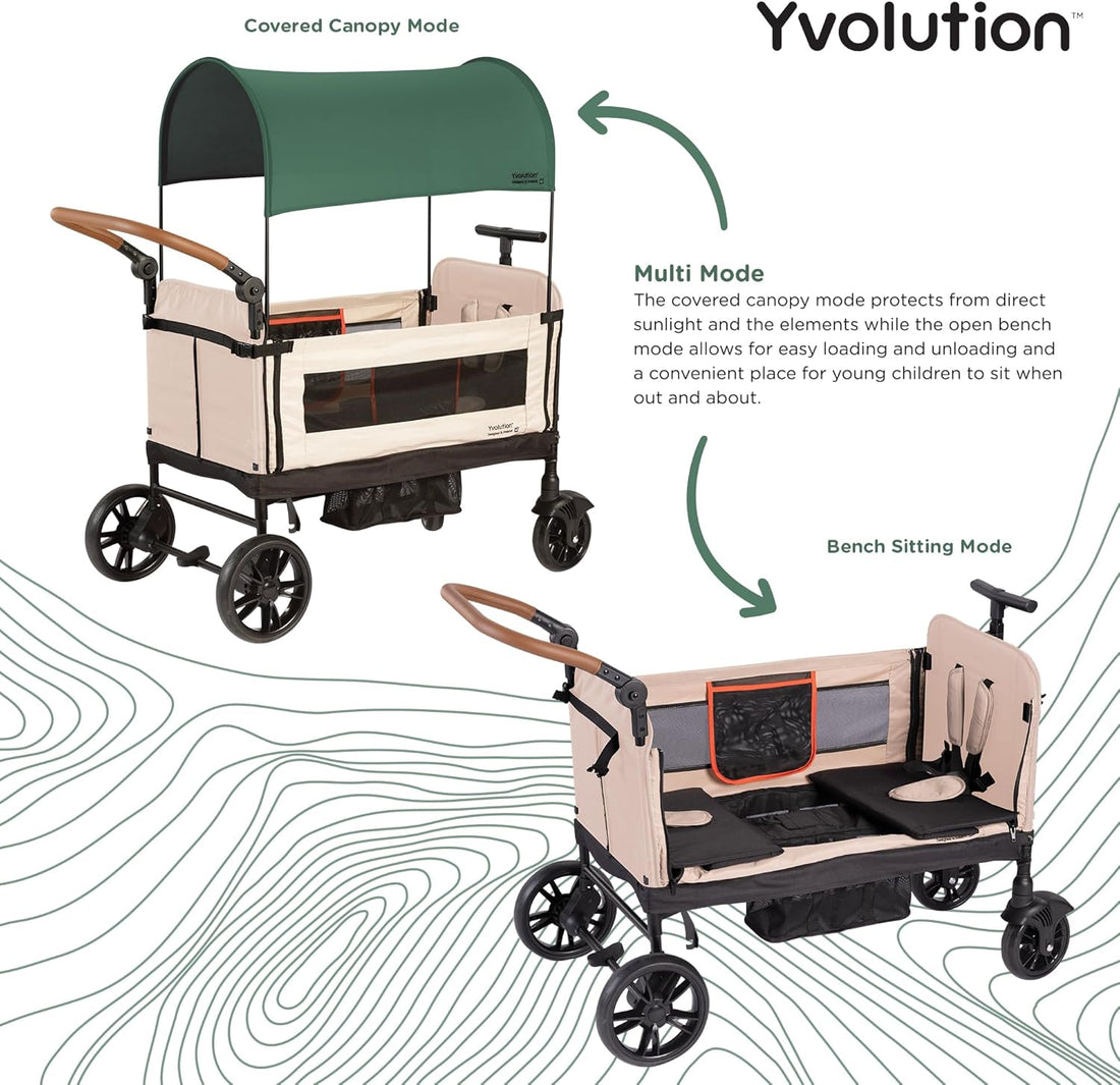 Wagon Yvolution verde fechado, mostrando a capota e o assento. Ideal para transporte de crianças, com design compacto e dobrável.