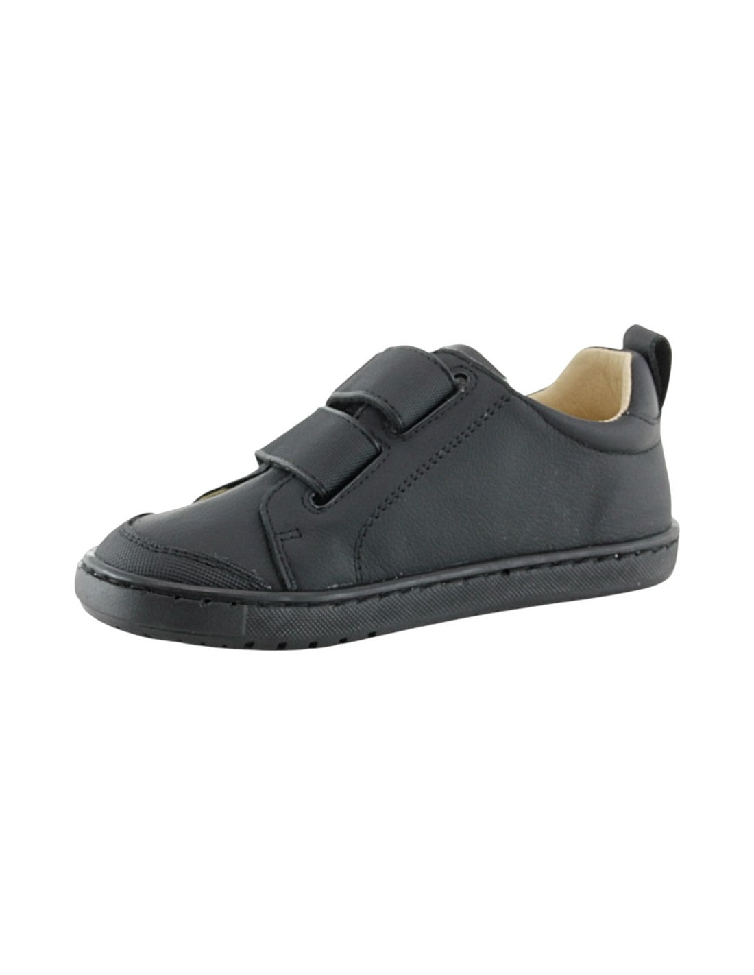 Sapatilhas Blanditos by Crio's Rio em preto, vista lateral, com fecho de velcro duplo, ideais para o desenvolvimento natural do pé infantil.