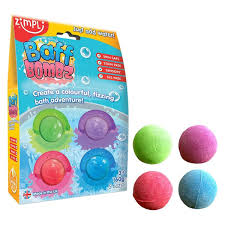 Embalagem da Zimpli Baff Bombz com 4 bombas de banho coloridas, incluindo verde, roxo, vermelho e azul, prontas a usar.