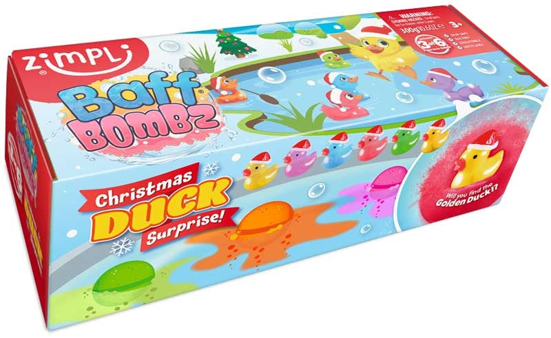 Embalagem retangular da Zimpli Baff Bombz, edição "Christmas Duck Surprise", mostrando várias bombas de banho coloridas e patos de borracha com gorros de Natal.