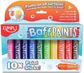 Embalagem de 10 bastões de tinta para banho Zimpli Baff Paints com destaque para a limpeza fácil e uso a partir dos 3 anos.