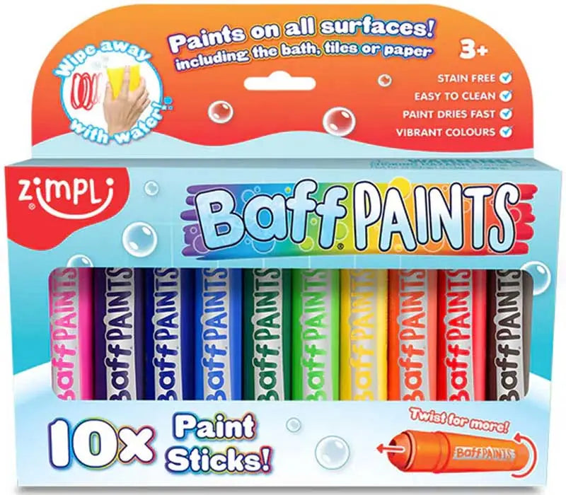 Embalagem de 10 bastões de tinta para banho Zimpli Baff Paints com destaque para a limpeza fácil e uso a partir dos 3 anos.