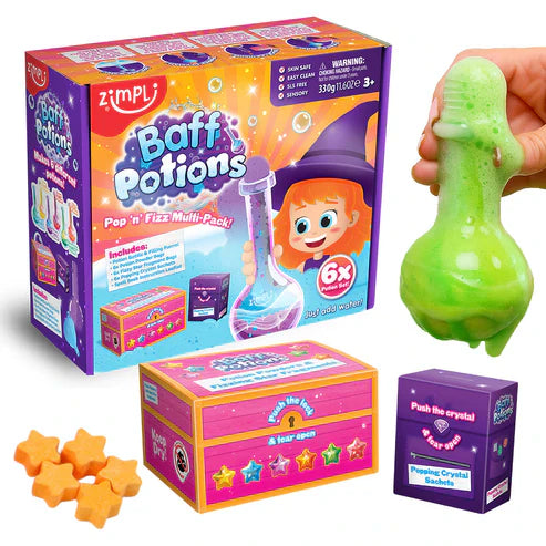 Conjunto de produtos Zimpli Baff Potions, incluindo a caixa, a garrafa com espuma verde a transbordar, pós de poção e saquetas de cristais.