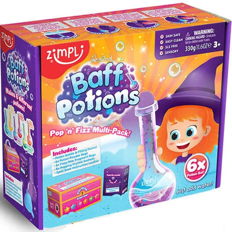 Caixa do produto Zimpli Baff Potions Pop 'n' Fizz Multipack, mostrando a embalagem colorida, uma menina com chapéu de bruxa e o conteúdo principal.