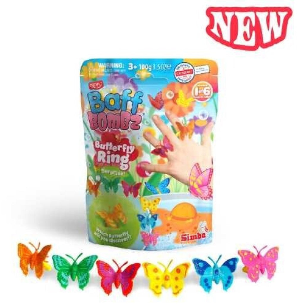 Bomba de banho efervescente Zimpli Kids com surpresa de borboleta colecionável no interior.