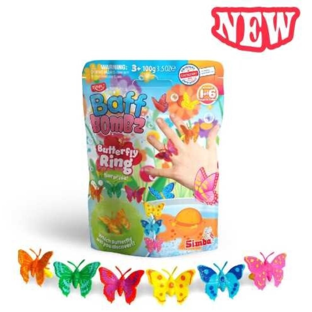 Bomba de banho efervescente Zimpli Kids com surpresa de borboleta colecionável no interior.