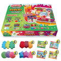 Visão geral do Calendário de Advento Zimpli Kids, com a caixa e todos os 24 produtos sensoriais de banho e brincadeira.