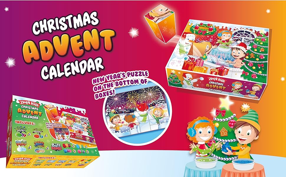 Calendário de Advento Zimpli Kids em cenário festivo, destacando o puzzle de Ano Novo e a diversão sensorial.