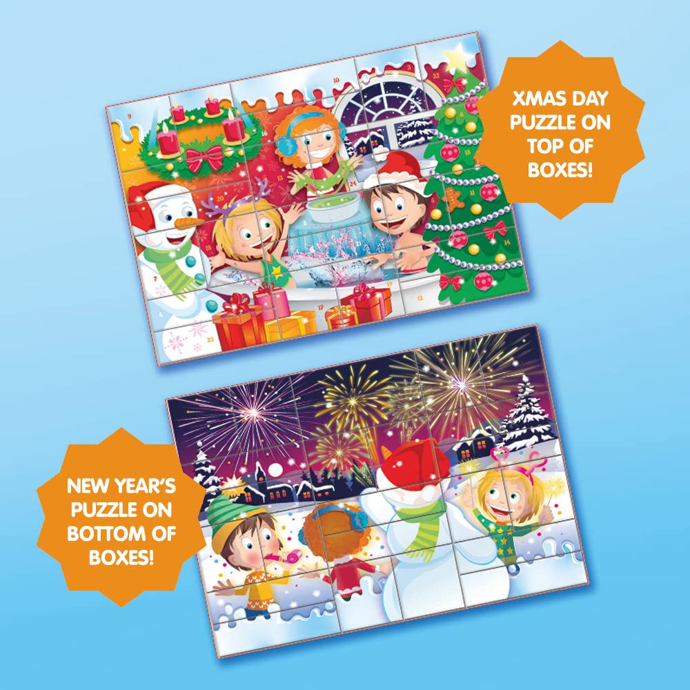 Puzzles de Natal e Ano Novo incluídos no Calendário de Advento Zimpli Kids, com crianças a celebrar.