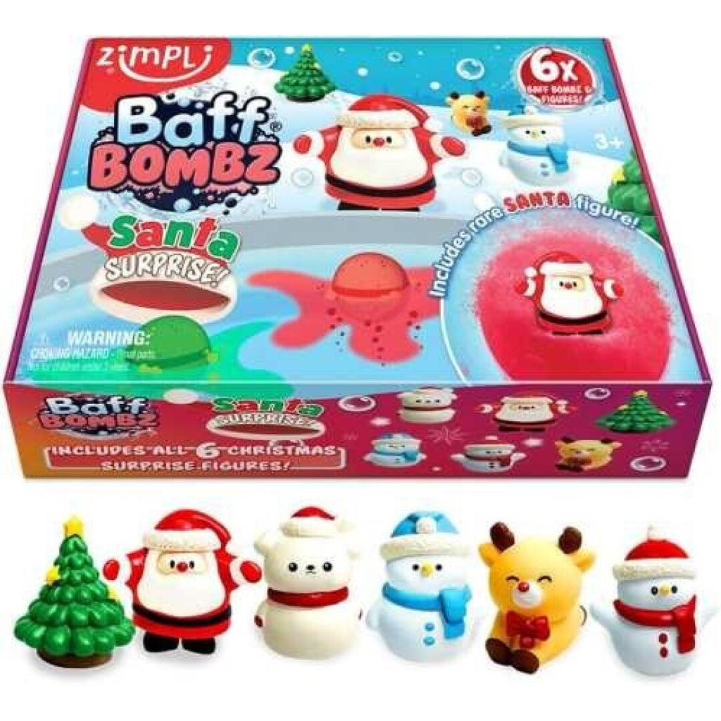 Embalagem do ZIMPLIKIDS Pack 6 Bombas de Banho Pai Natal, mostrando as 6 figuras surpresa natalícias incluídas (Pai Natal, bonecos de neve, árvore) e o efeito efervescente na água.