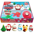 Embalagem do ZIMPLIKIDS Pack 6 Bombas de Banho Pai Natal, mostrando as 6 figuras surpresa natalícias incluídas (Pai Natal, bonecos de neve, árvore) e o efeito efervescente na água.