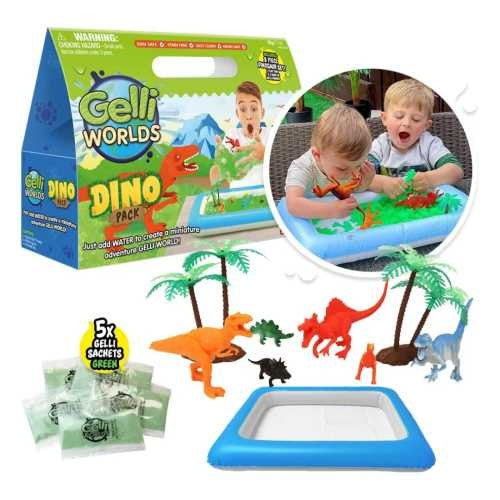 Conteúdo completo do kit ZIMPLIKIDS Dinos Gelli Worlds: caixa, 5 saquetas de Gelli verde, 8 dinossauros e bandeja insuflável.