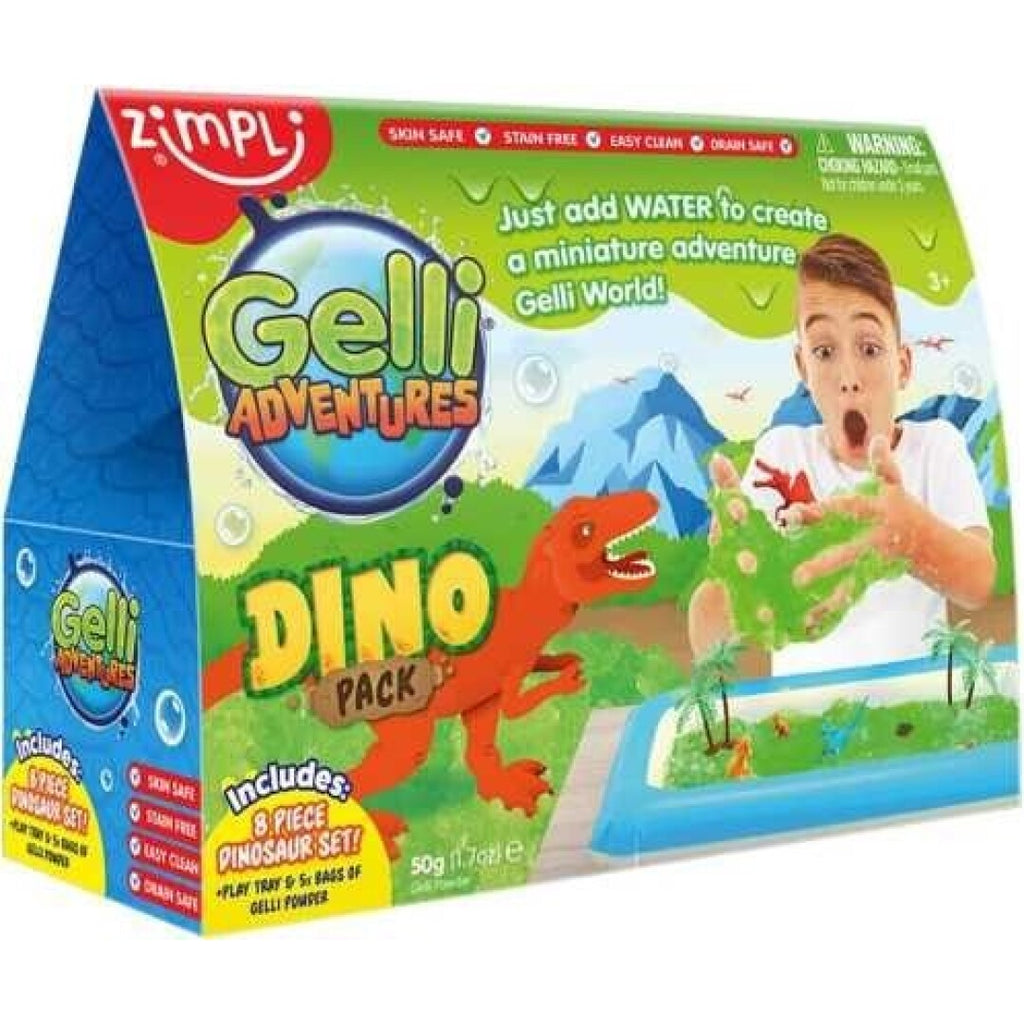 Embalagem do ZIMPLIKIDS Pack Dinos Gelli Worlds, mostrando um rapaz a brincar com a gelatina verde e dinossauros.