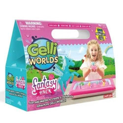 Embalagem do ZIMPLIKIDS Pack Fantasy Gelli Worlds, mostrando uma criança a brincar com o gel rosa e uma figura de unicórnio.